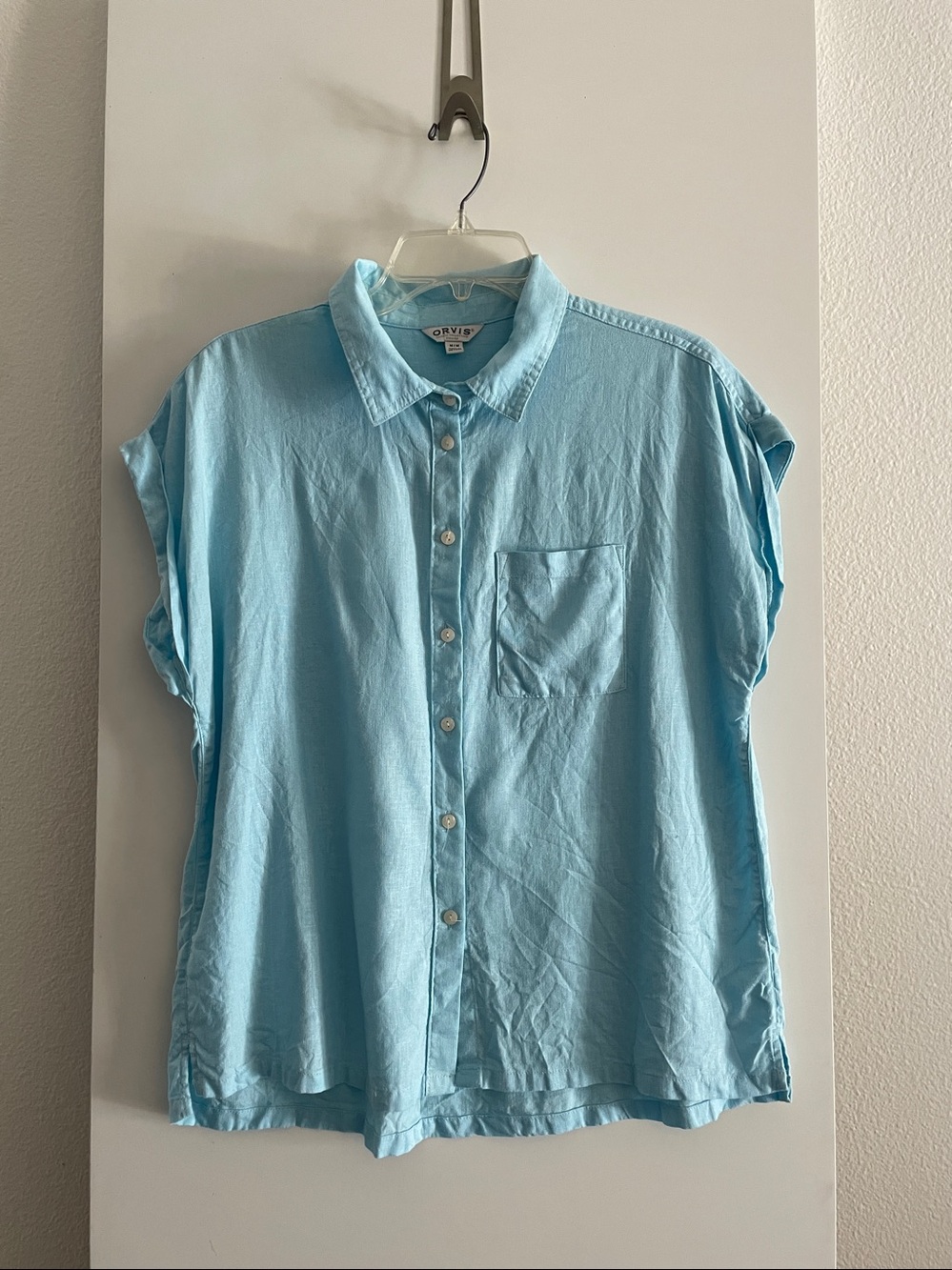 ORVIS LINEN Blend Short Cap Sleeve Button Down Shirt Top Aqua Blue Casual Fit